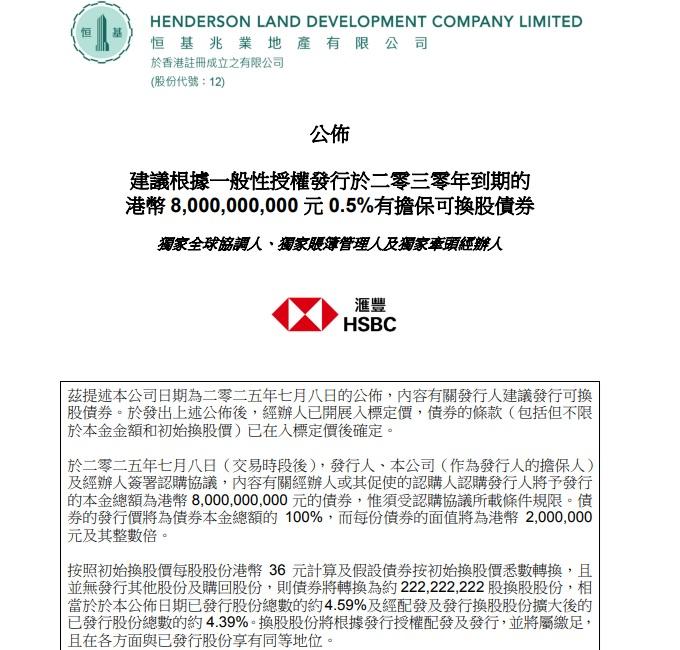 恒地擬發行80億元可換股債券。(公告截圖)