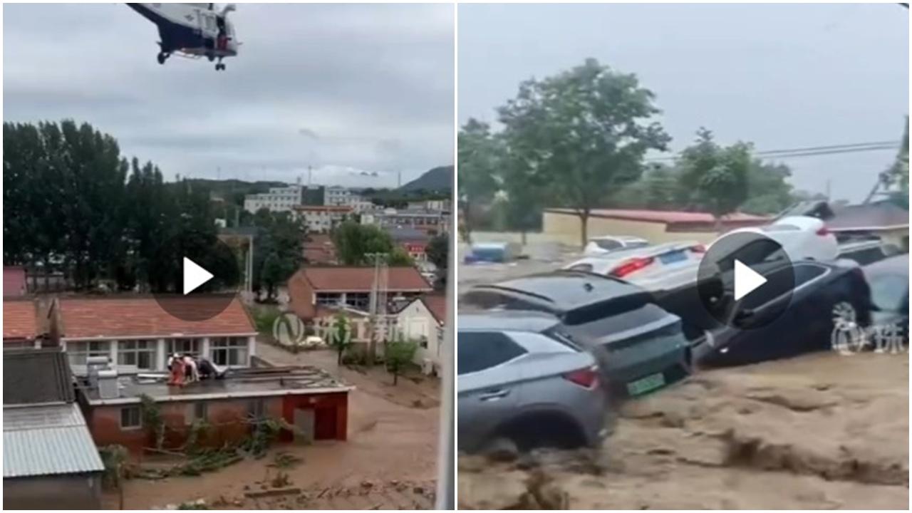 北京近日暴雨不斷,部分住宅小區成河流,有私家車被冲走。(網片截圖)