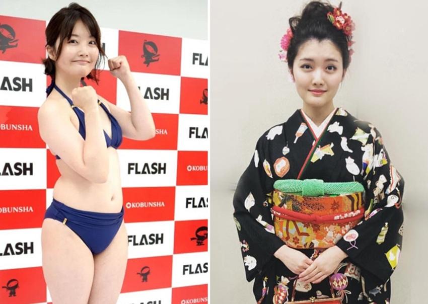 澪奈穿上三點式參選被嘲肥胖;參選前的她穿和服散發優雅氣質。