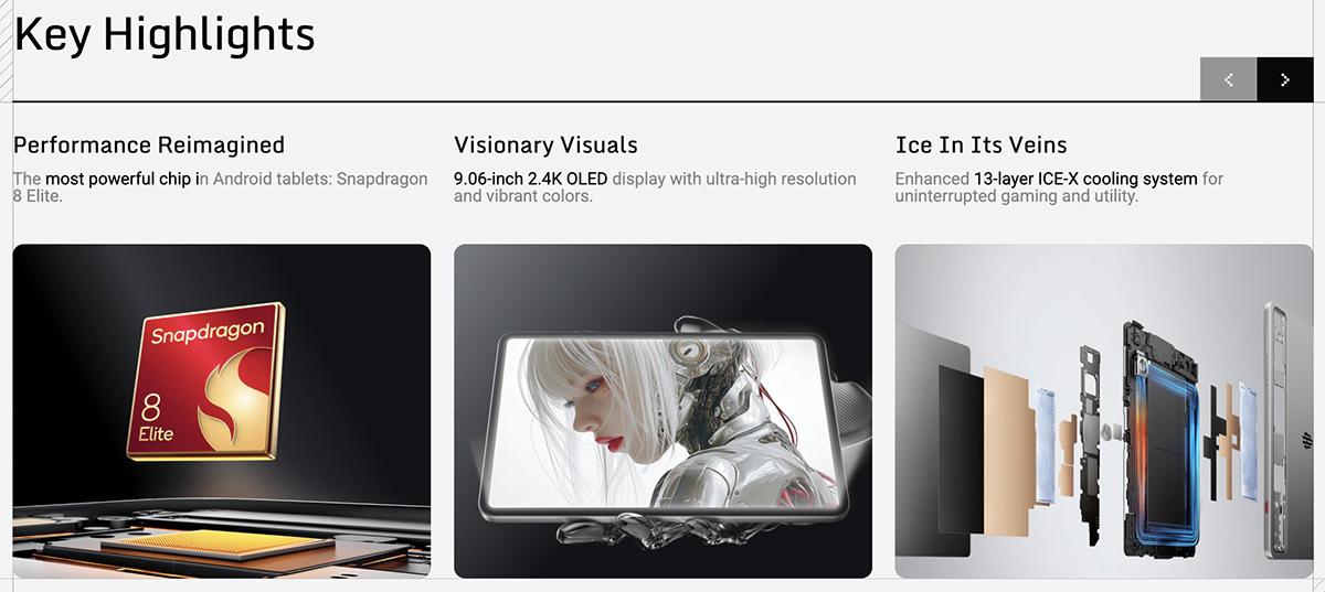 Redmagic Astra Gaming Tablet 9.06 吋 2.4K 165Hz OLED 螢幕、並獨有內置風扇 ICE-X 散熱系統。