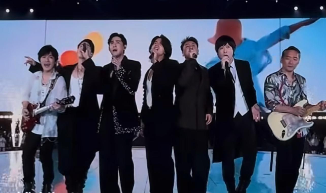 F4言承旭、周渝民(仔仔)、吳建豪和朱孝天與五月天合唱《流星雨》。(網上圖片)