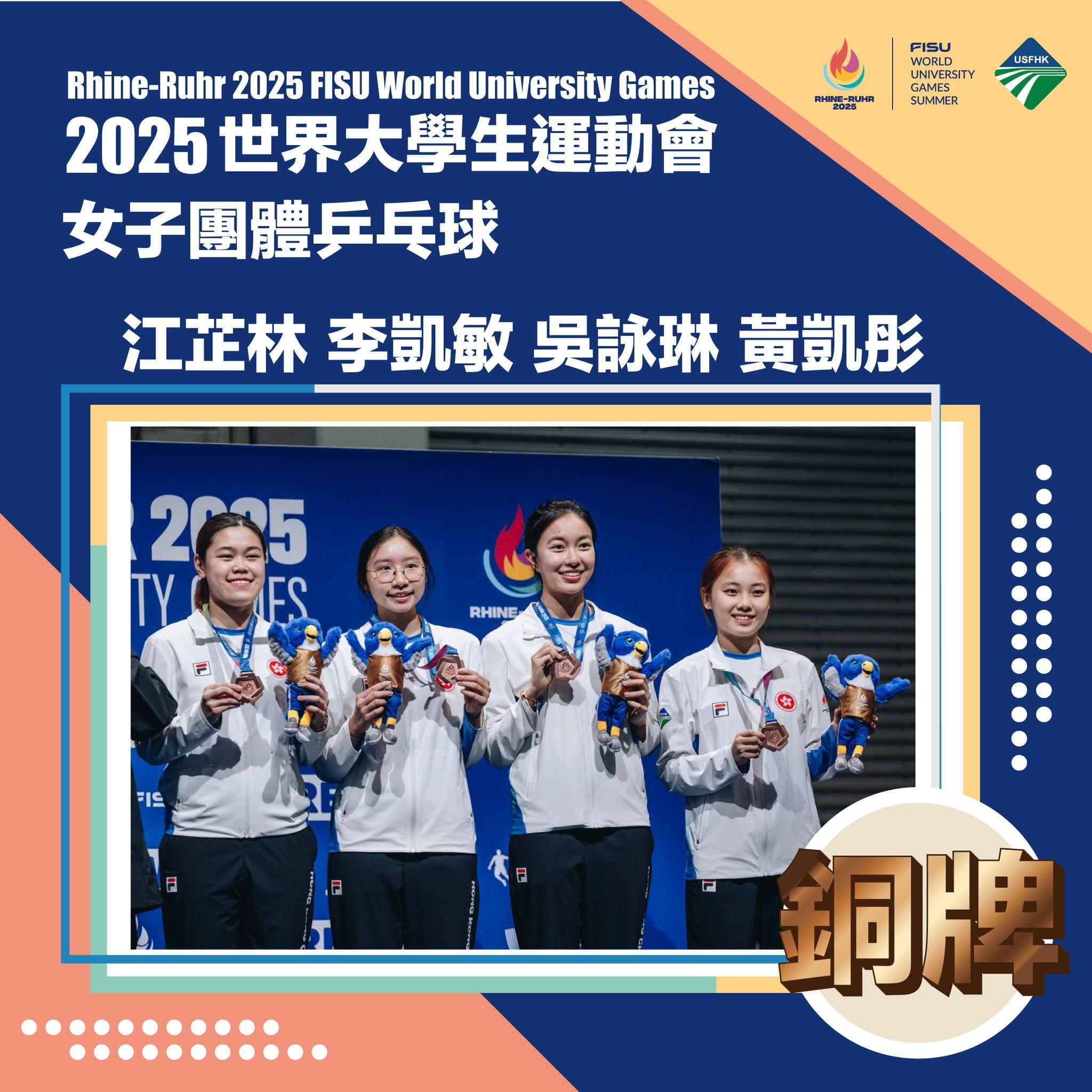 吳詠琳、李凱敏、江芷林和黃凱彤在女子團體乒乓球賽事勇奪銅牌。(USFHK)