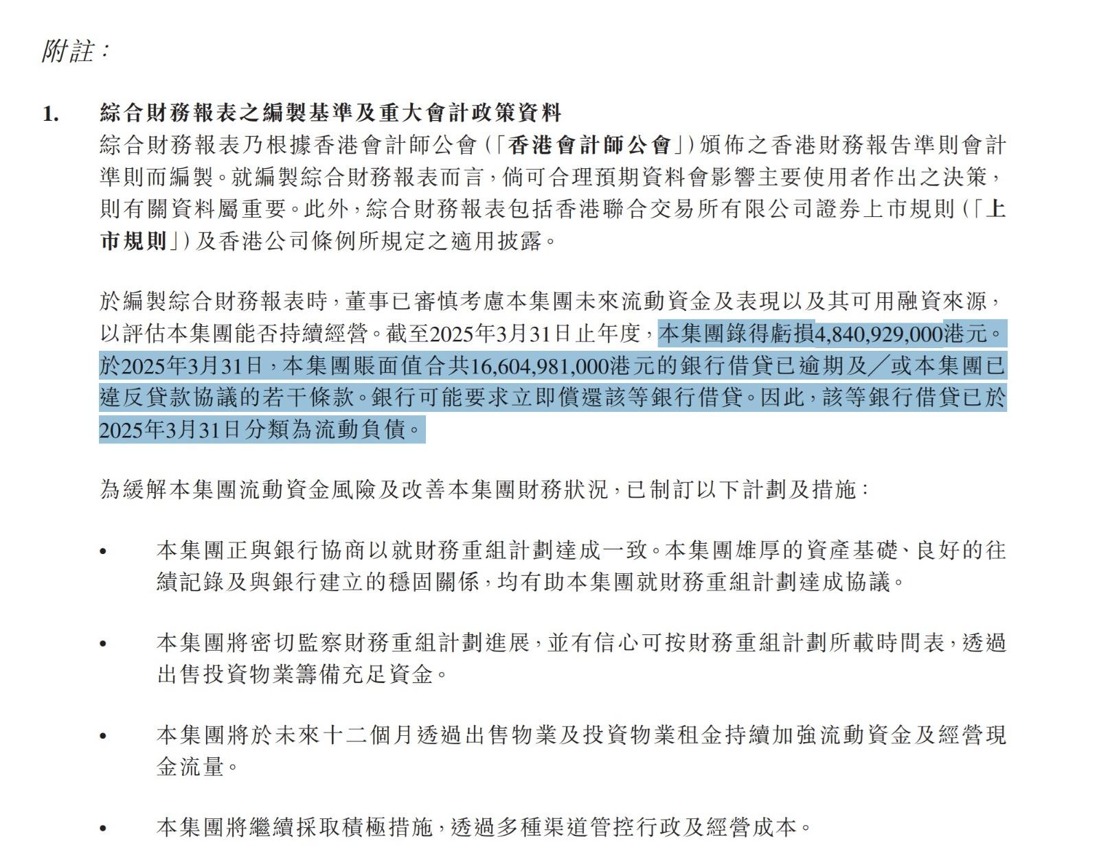 財報提到,166億銀行借款已出現逾期或違約情況,銀行可能要求立即償還全部款項。(財報截圖