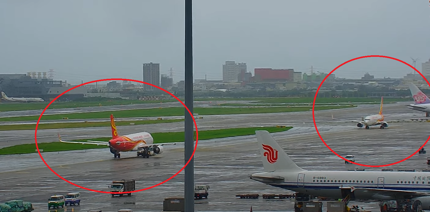 桃園機場傳出兩架飛機「頭對頭」,一架是香港航空香港飛台北班機,另一架為海南航空班機。(桃園機場YouTube)