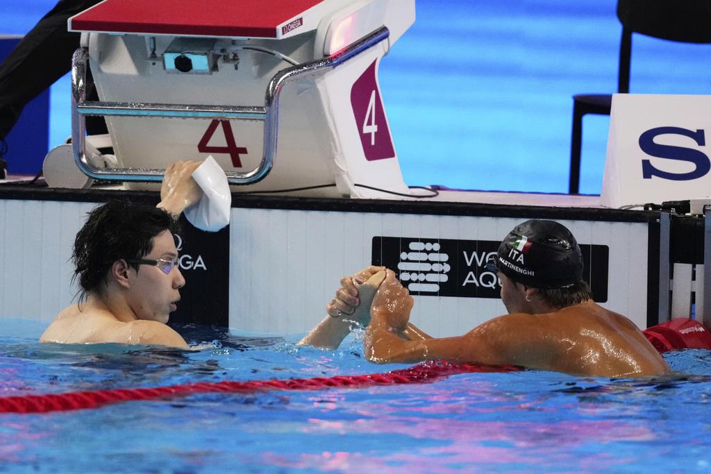 覃海洋在男子100米蛙泳封王,奪得中國隊在今屆游泳世錦賽的首面游泳金牌。(美聯社)