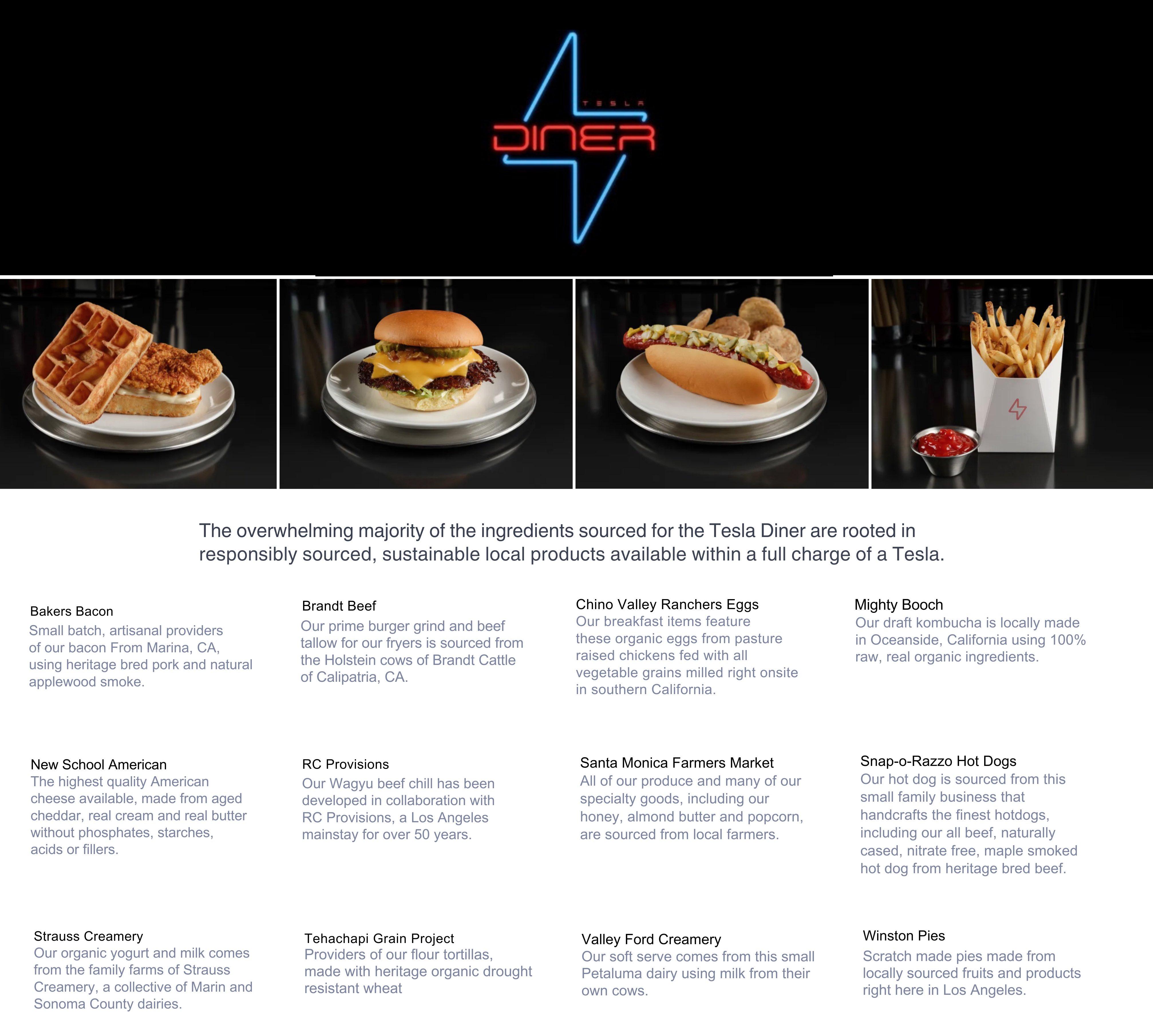 Tesla Diner聲稱食材來自當地農場。(馬斯克 Elon Musk X)