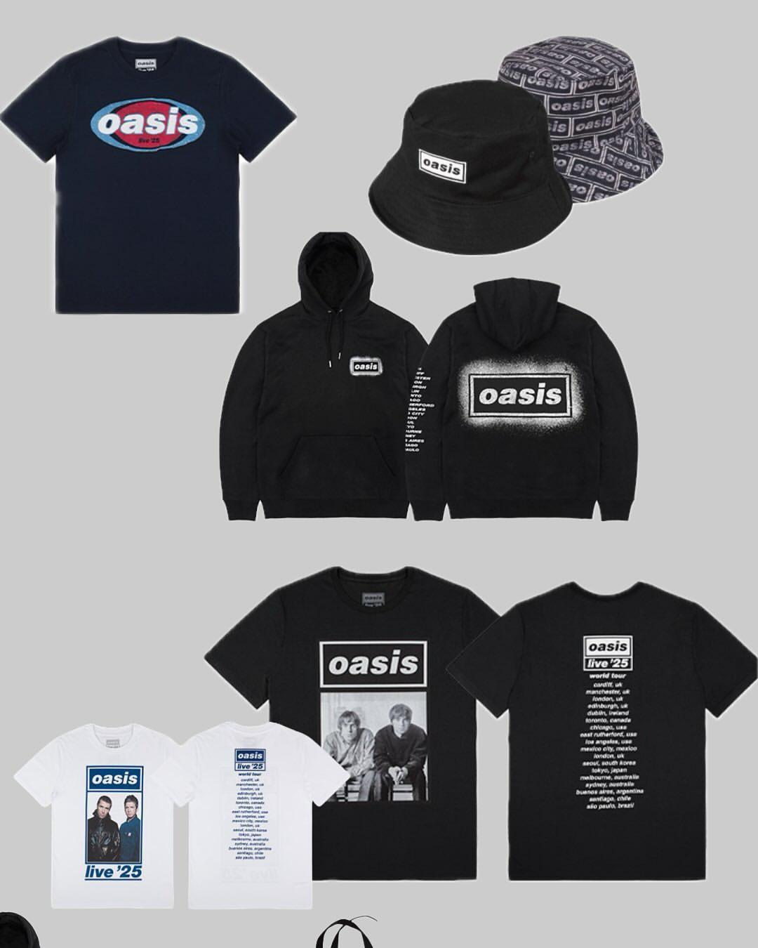 Oasis Live 25 Tour的時裝精品,包括tee、衛衣及漁夫帽。