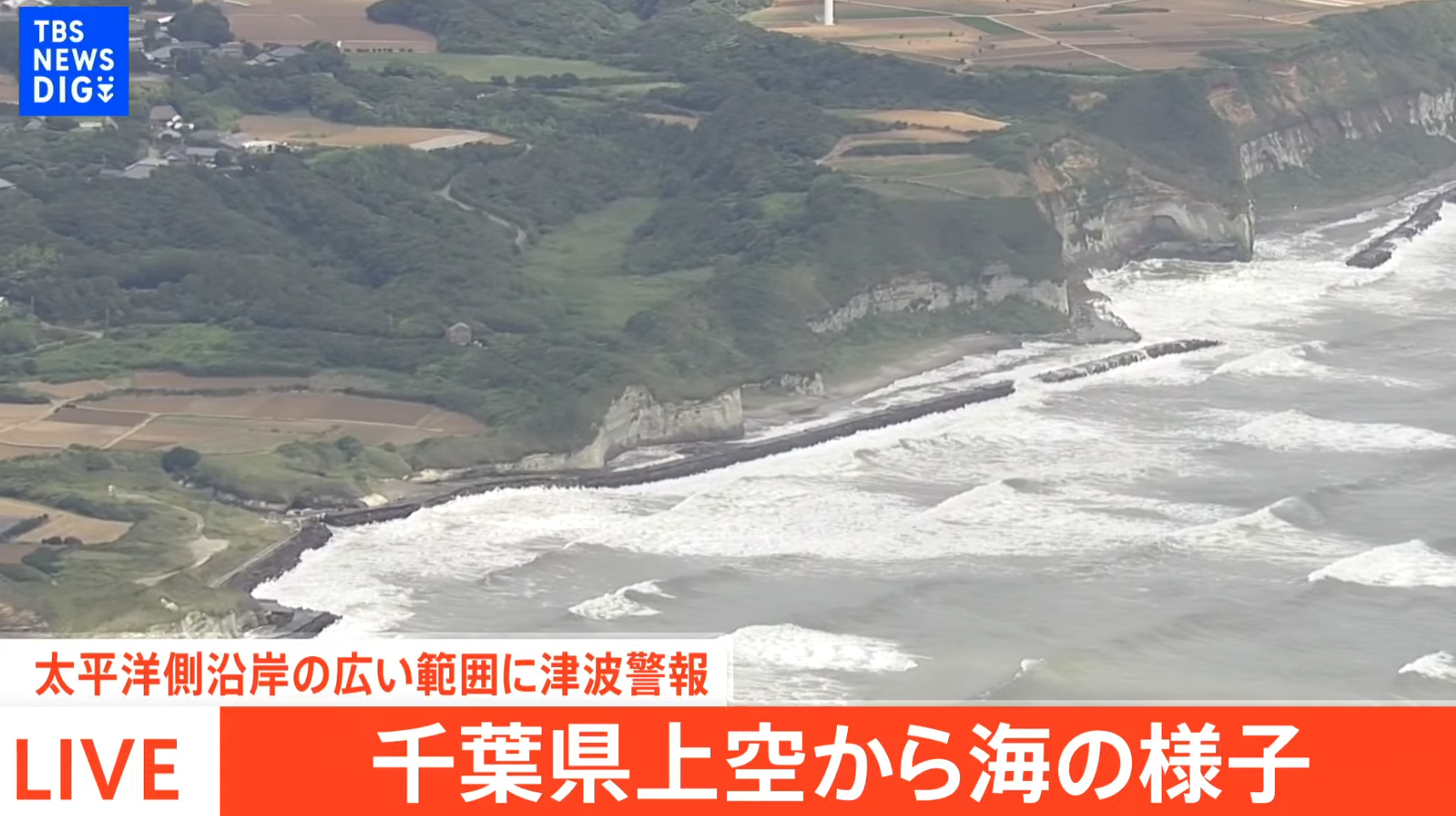 日本氣象廳向北海道、青森、岩手、宮城、福島、茨城、千葉(圖)、靜岡、三重、和歌山、宮崎各縣與東京都小笠原諸島發布的海嘯提醒改為警報(直播截圖)