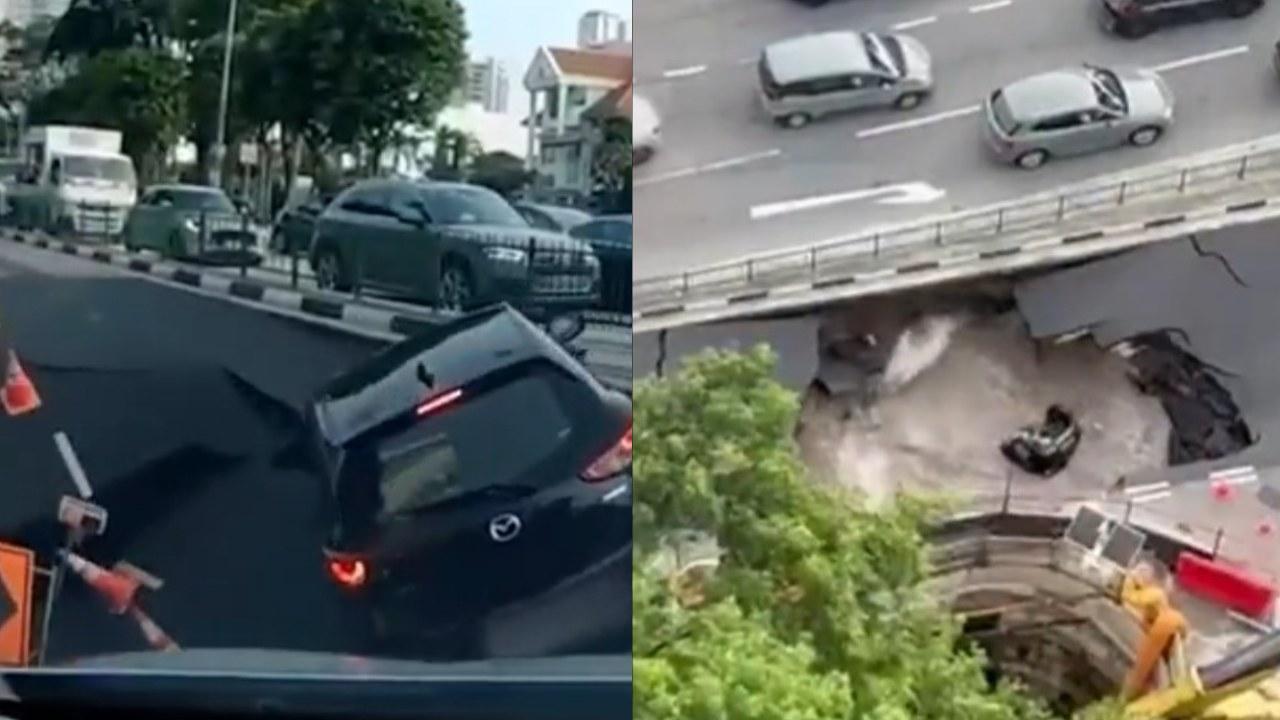 新加坡路塌一車輛跌入天坑 恐怖畫面曝光(有片)