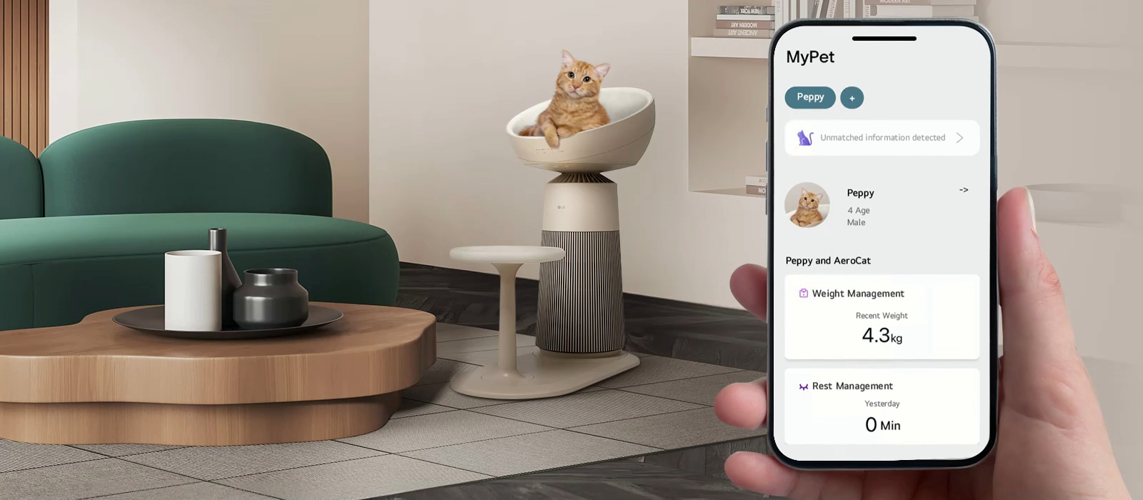 LG PuriCare AeroCatTower透透過LG ThinQ App使用寵物護理追蹤。