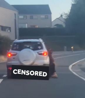 從影片可見,德國牧羊犬頸部被緊緊地綁在私家車右邊車身外,一路被高速拖行。(互聯網)