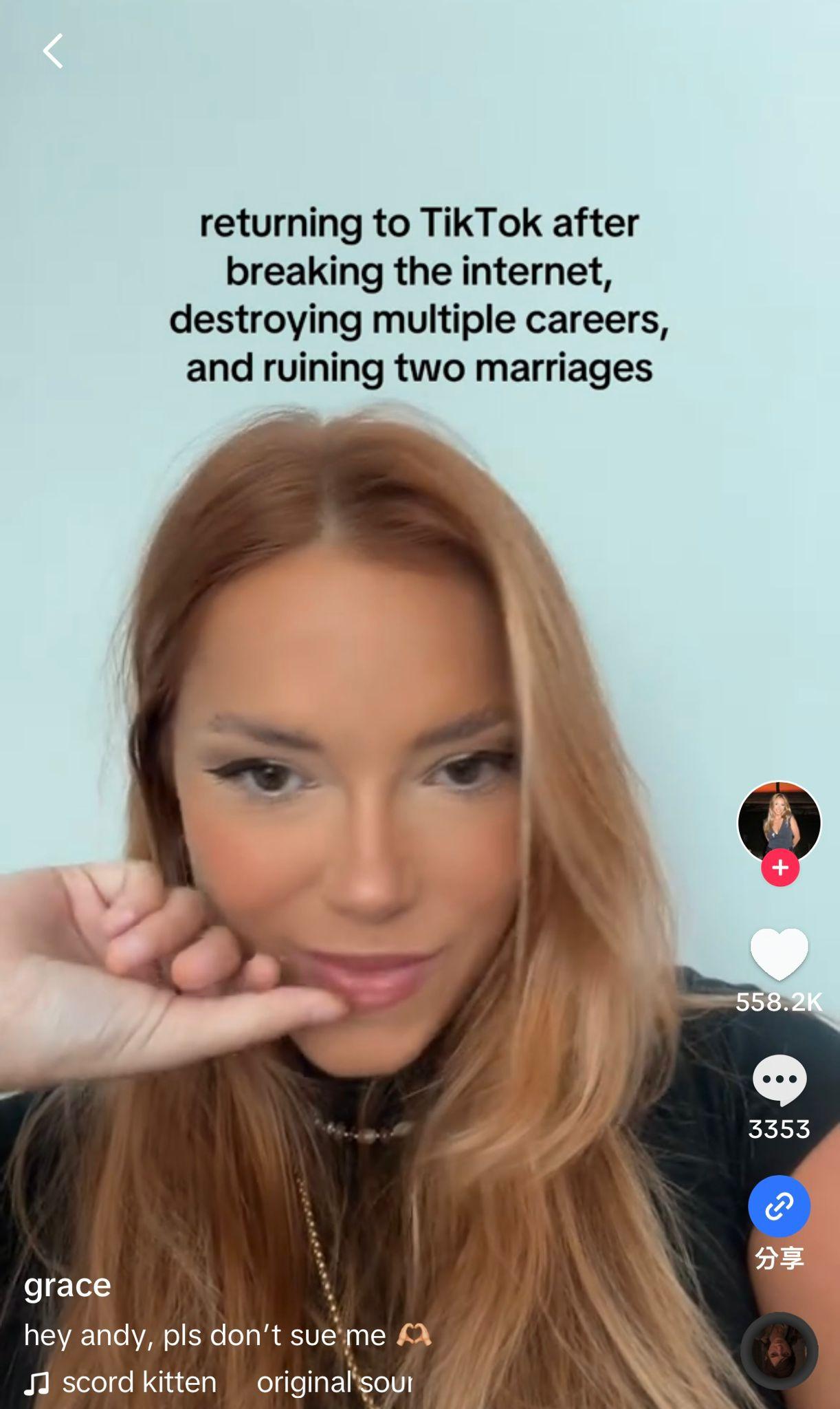 Grace Springer在IG拍片,表示偷情男高層Andy不要起訴她。(Grace @IG影片截圖)
