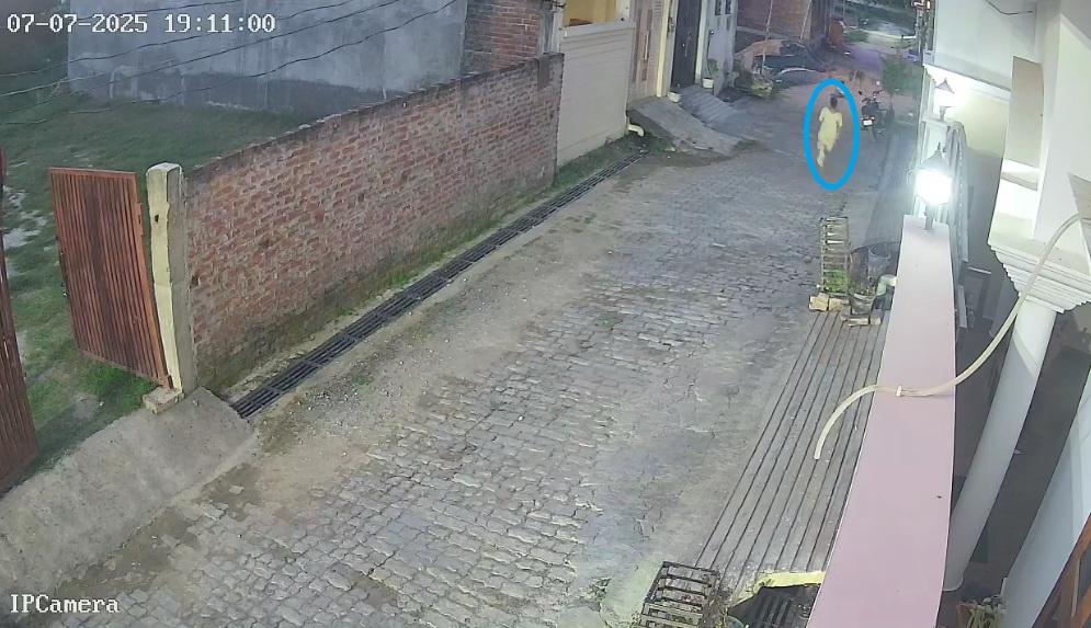 女鄰居(藍圈示)見男童受襲,即快步上前施救。(互聯網)