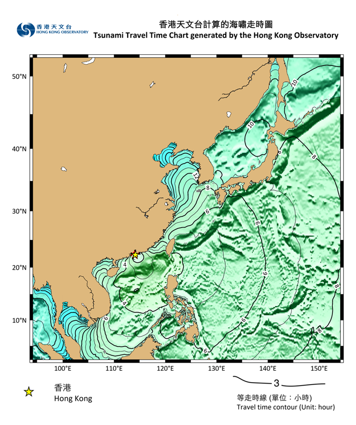 海嘯波從任何一點與香港之間大概所需的傳播時間。(天文台網誌圖)