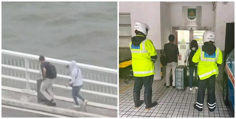 澳門兩名旅客推着行李箱,經嘉樂庇總督大橋由澳門半島行向氹仔。治安警察局接報後,協助兩人返回安全地點,由於兩人違反現場按道路交通規章相關規定設立的禁止行人通行符號,已依法被檢控。