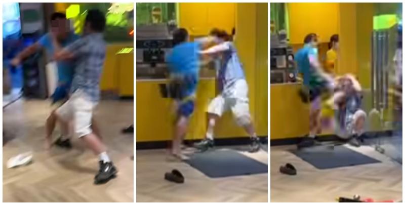 深水埗欽州街麥當勞發生激烈毆鬥。一名藍衫赤腳男子在餐廳大門,將身穿格仔衫男子逼至牆角,至少向對方頭部狂轟六拳,更三次飛膝猛撞KO對方。(車cam L(香港群組)FB)
