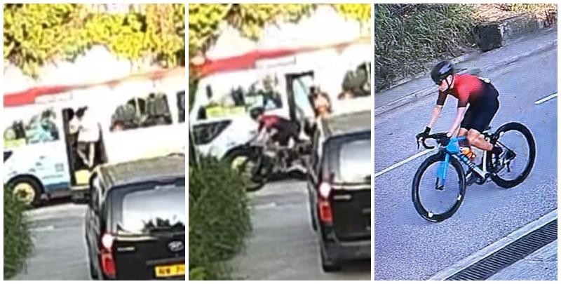 元朗青山公路潭尾段發生一宗單車撞人不顧而去的交通意外,一名24歲男子多處骨裂需接受手術。事主母親於社交平台發文,並公開閉路電視片段及肇事單車手的照片,呼籲市民協助辨認身分。(fb@Vivian Fan片段截圖)