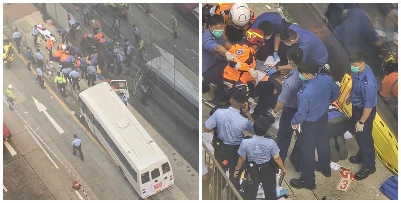 北角渣華道發生車禍,一輛14座白色小巴沿渣華道往鰂魚涌方向行駛,至近柯達大廈對開時疑失控剷上行人路掃毀欄杆,並撞到一名40歲女途人,她頭傷流血清醒送院。(北角有樂FB)