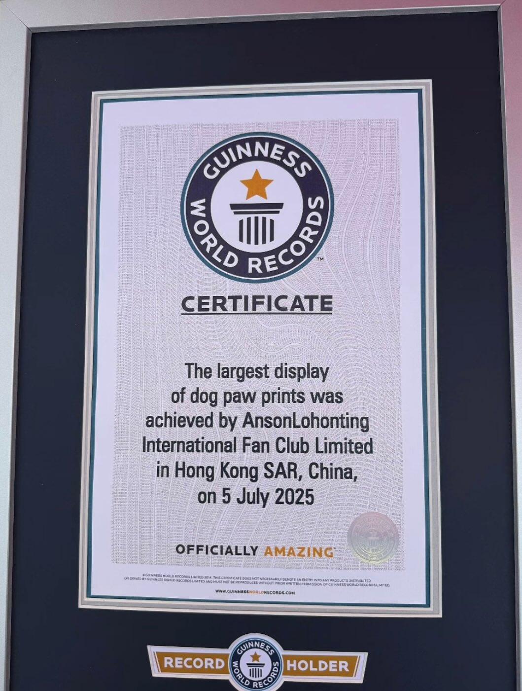 Anson Lo後援會舉辦的慈善pet walk,創造「最大規模狗狗掌印展示」世界紀錄,共收集1008狗隻掌印。