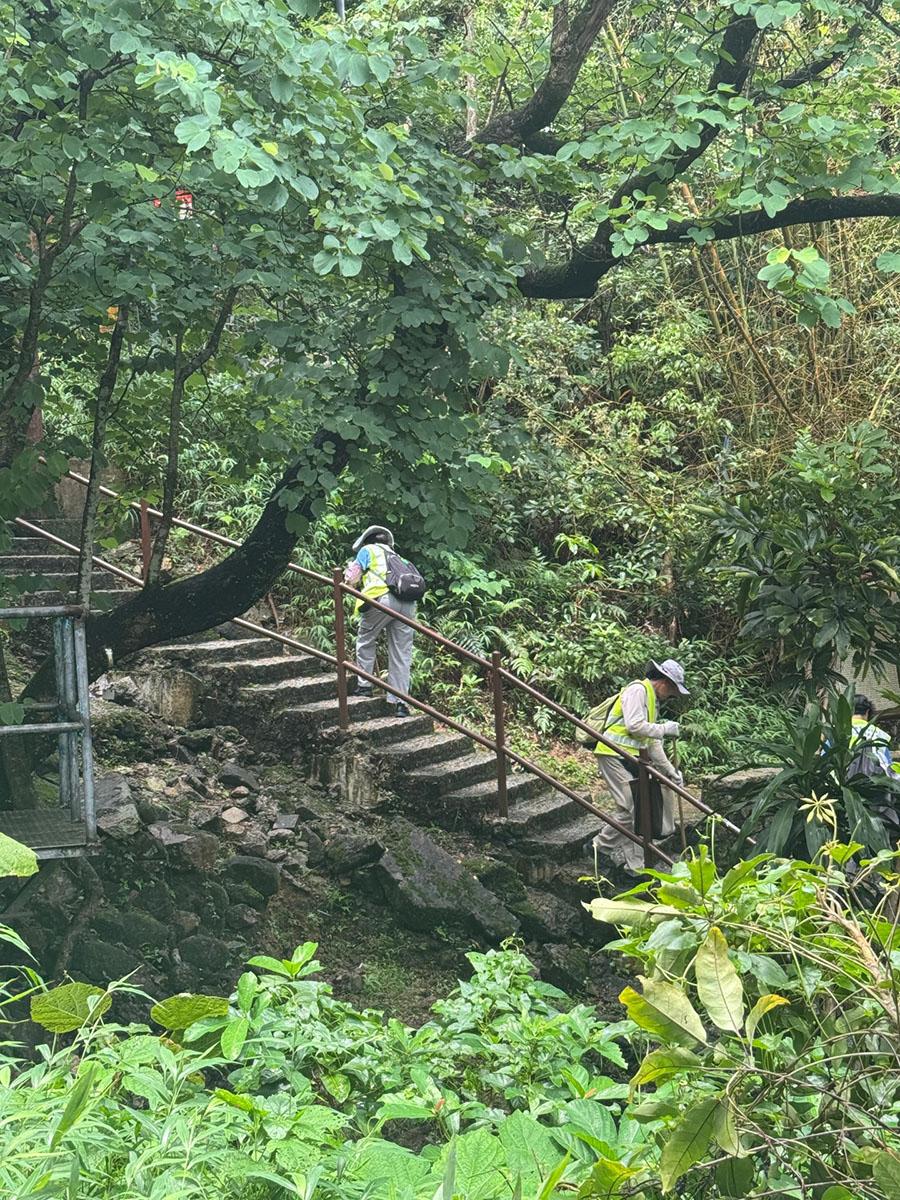 有市民早前發現有食環署外判清潔工人,在飛鵝山直接把垃圾掃進山坡而未有妥善收集。(Threads用戶「the_night_spyder」圖片)