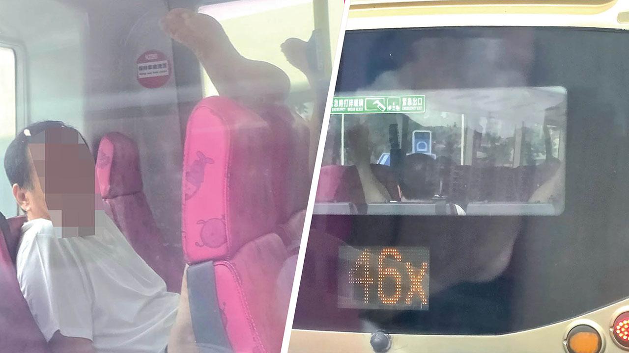 有市民目睹旁邊巴士上層車尾有乘客赤腳「V」字形拉筋。(Threads圖片)