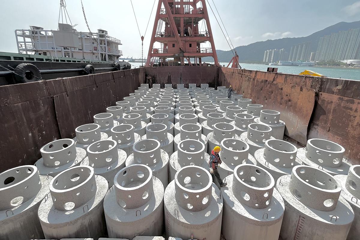 人工魚礁由混凝土造成,表面粗糙、有大小不一的坑洞,模擬天然珊瑚礁結構。(機管局圖片)