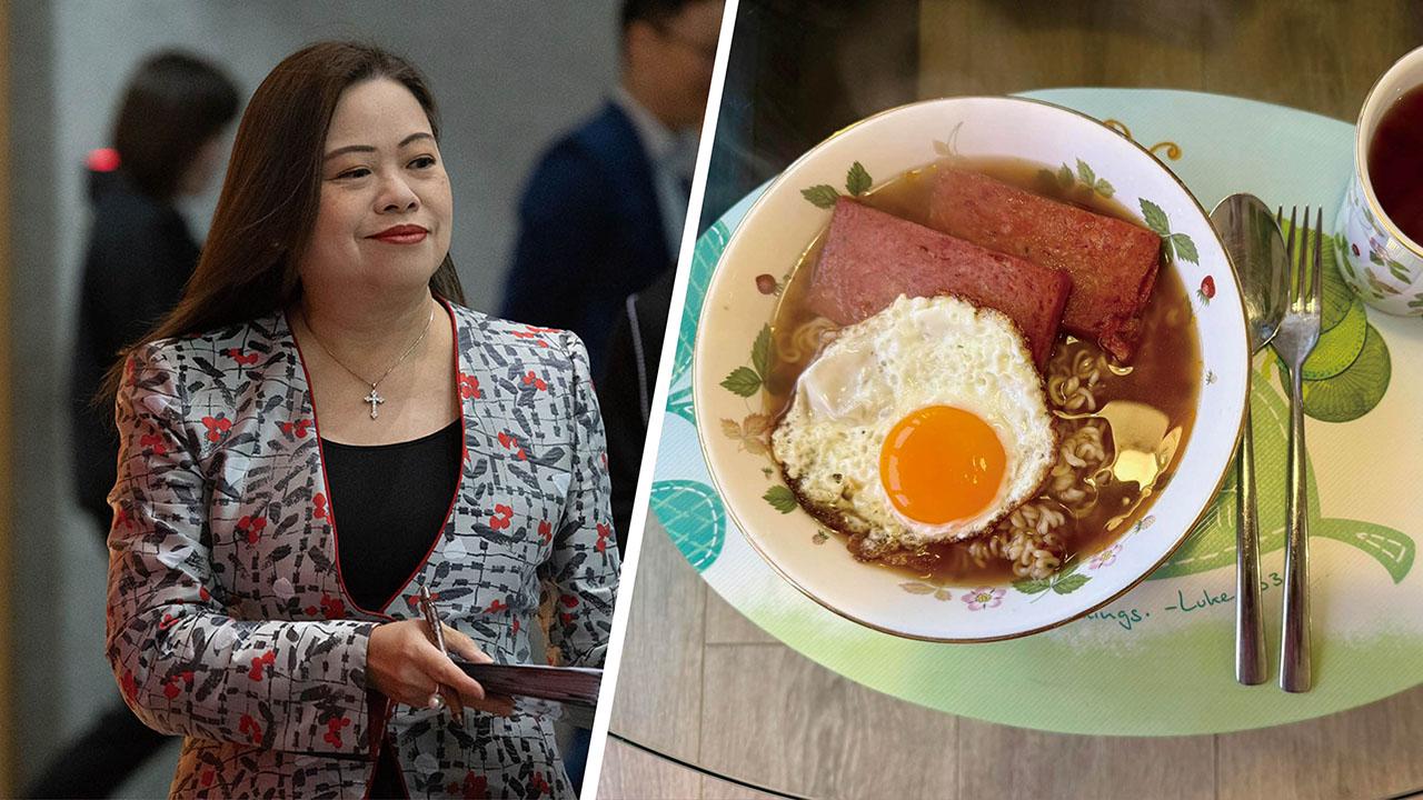 羅淑佩話唔記得幾時開始,逢係打風天都要食一碗餐蛋麵。
