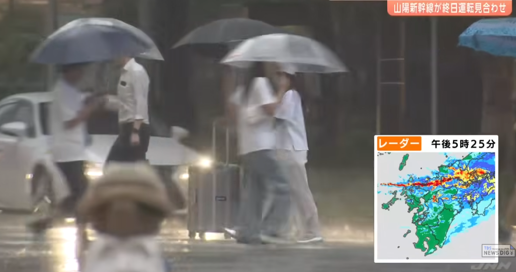 福岡縣和山口縣暴雨,山陽新幹線全天停駛。(互聯網)