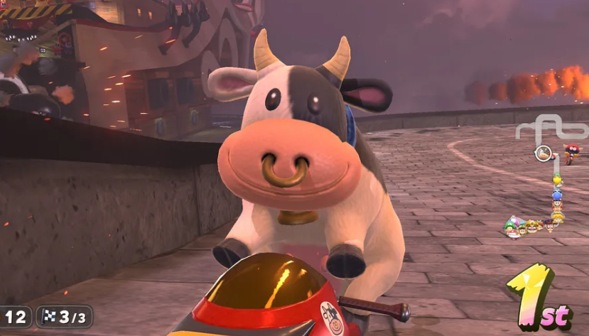 遊戲廠任天堂Nintendo新主機Switch 2主力作品《瑪利歐賽車世界》,一隻深受玩家喜愛的乳牛角色「哞哞牛」(Moo Moo Cow)在遊戲內被戴上鼻環。