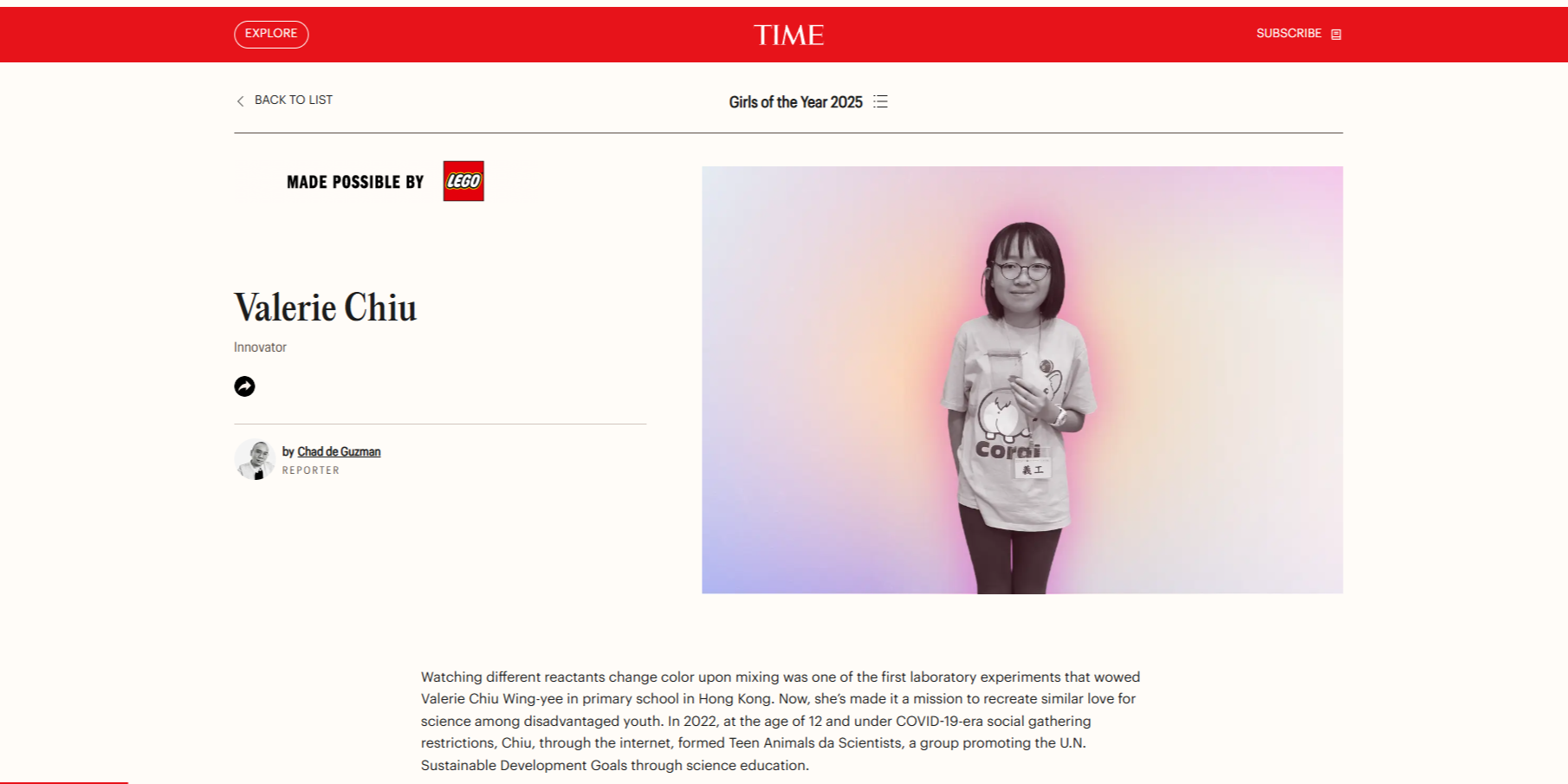 嘉諾撒聖瑪利書院15歲學生趙詠兒入選美國《時代雜誌》首屆「年度少女」。