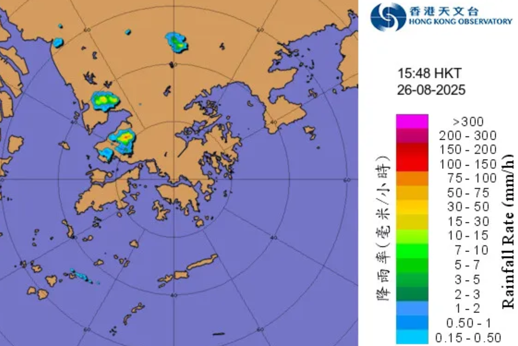 翻查天文台雷達圖,昨日下午3時48分有一片驟雨雲在屯門上空,當中有強對流現象,有一「小紅點」即代表雨量超過100毫米,疑為強雷暴。(天文台圖片)