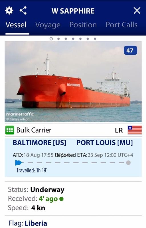 「W-藍寶石號」網上資料。(vesselfinder.com)