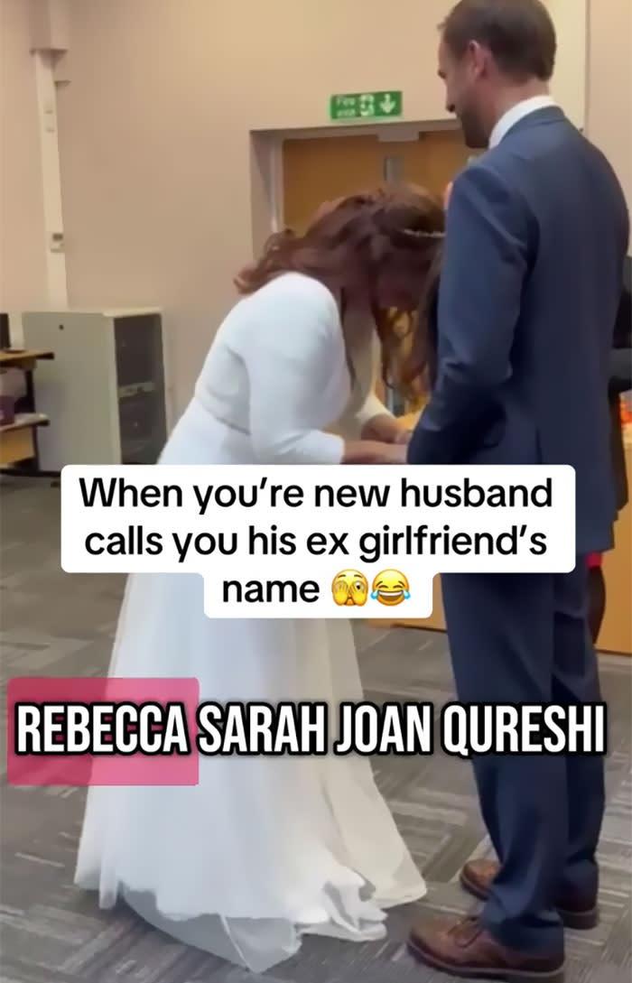 新娘笑了出來,新郎和賓客也笑了。(網上圖片)