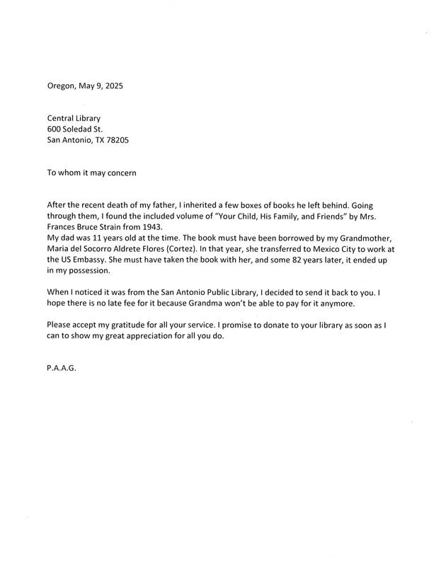 歸還者解釋,書很可能是他的祖母Maria del Socorro Aldrete Flores所借。(X)