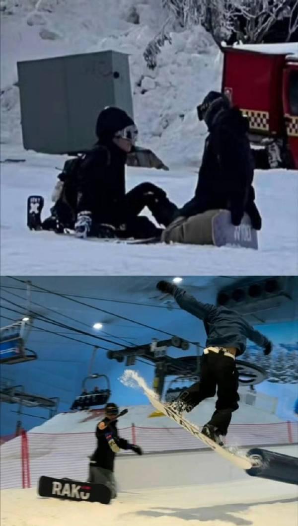 網友捕捉到Lucas、霆鋒父子倆在迪拜滑雪場親子樂。