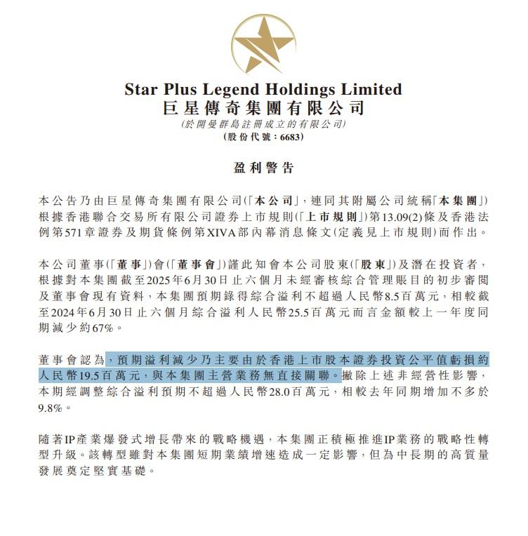 集團預期溢利減少乃主要由於香港上市股本證券投資公平值虧損約1,950萬人民幣,與主營業務無直接關聯。(公告截圖)