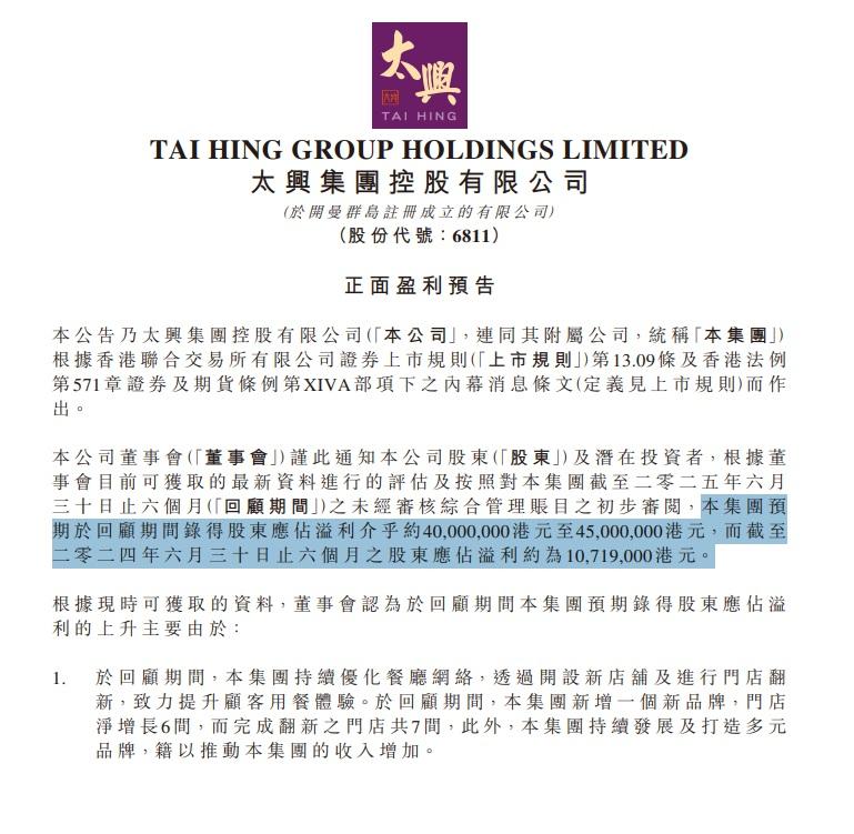 太興預期上半年將錄得股東應佔溢利增至約4,000萬至4,500萬元。(公告截圖)