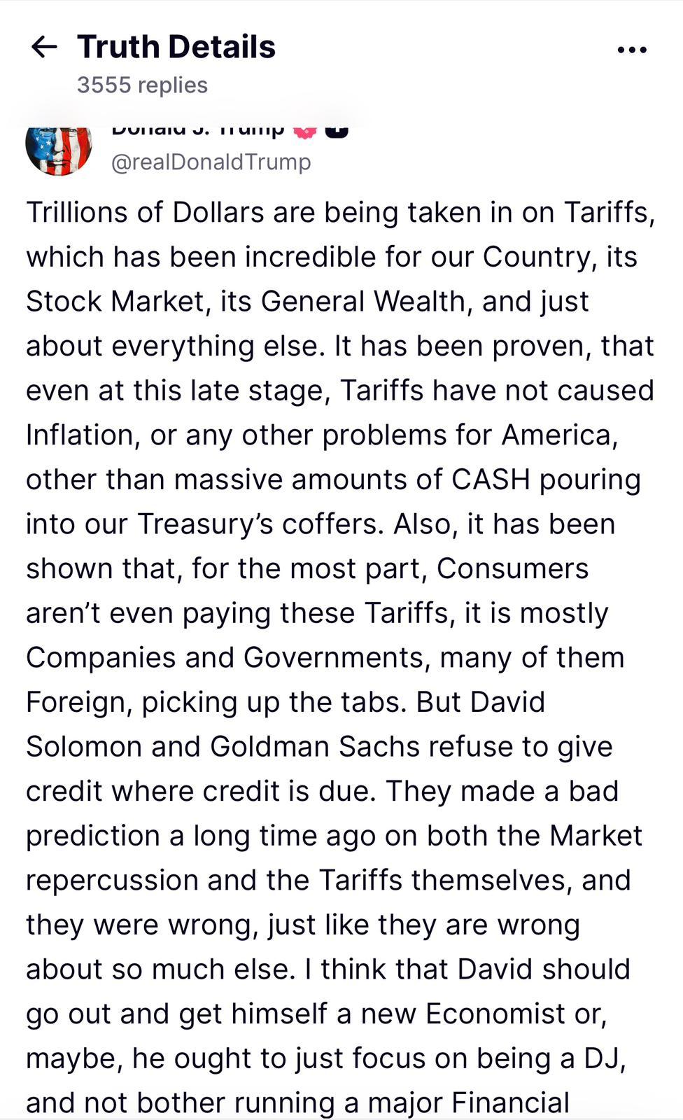 特朗普批評高盛就關稅預測「睇錯市」,點名該行CEO David Solomon轉行做DJ。(Truth Social截圖)