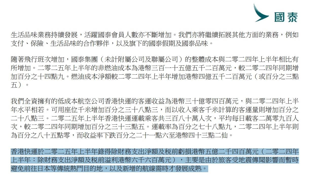 快運受日本地震傳聞影響,上半年轉蝕5.2億元。(國泰業績截圖)