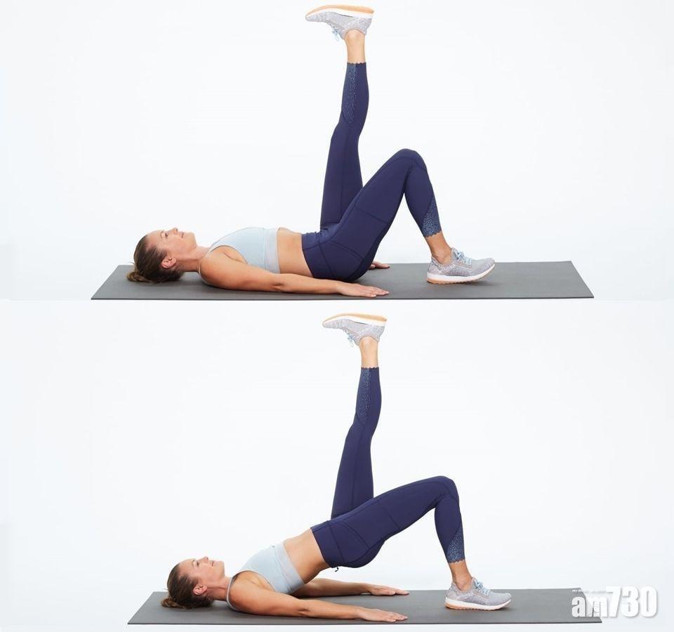 單腳臀橋式維持動作30秒,然後換另一隻腳重複動作