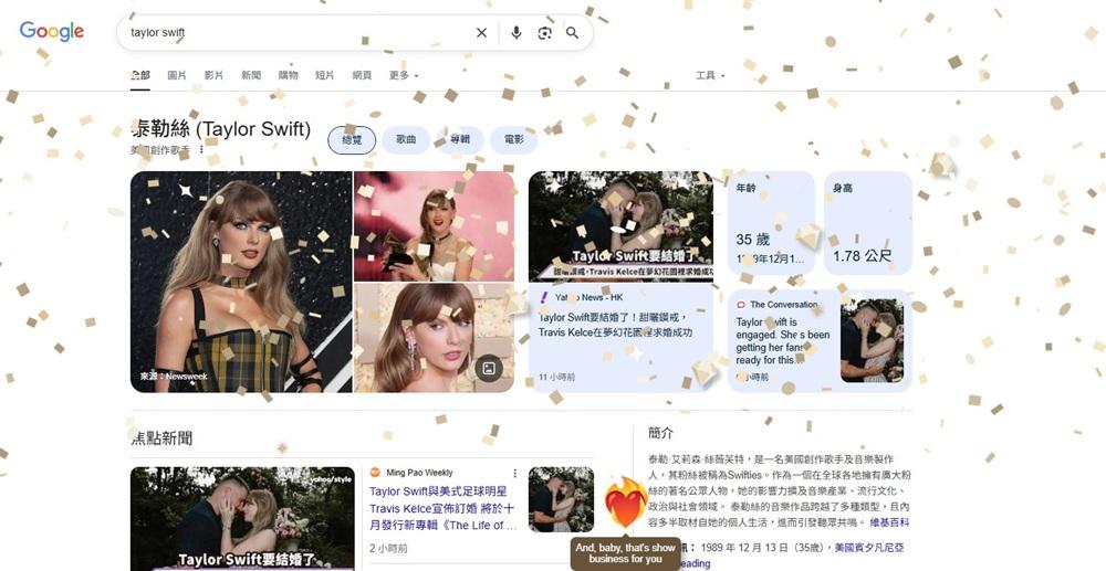 現時在Google搜尋「Taylor Swift」,就會出現慶祝效果。