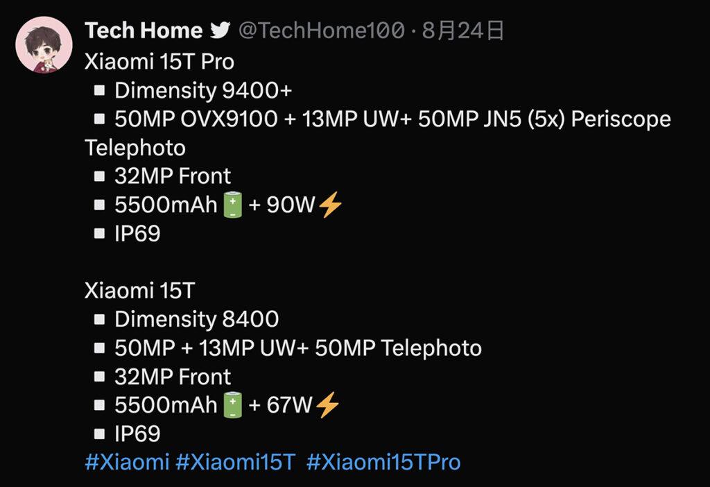 規格上 Xiaomi 15T Pro 將配備 MediaTek 天璣 9400+ 晶片,機背 LEICA 三鏡由 50MP OVX9100 主鏡、50MP JN5 5x 潛望鏡,跟 13MP 廣角組成。