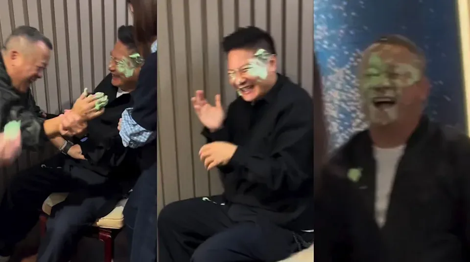 曾志偉手拿綠色的忌廉塗抹到錢嘉樂臉上,其後他自己亦忌廉塗臉。(Threads@Annie Man 文頌嫻)