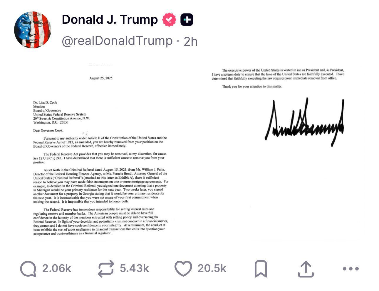 特朗普在社交媒體Truth Social上發布致Cook的信件,提及按揭抵押貸款相關的指控。(網上截圖)