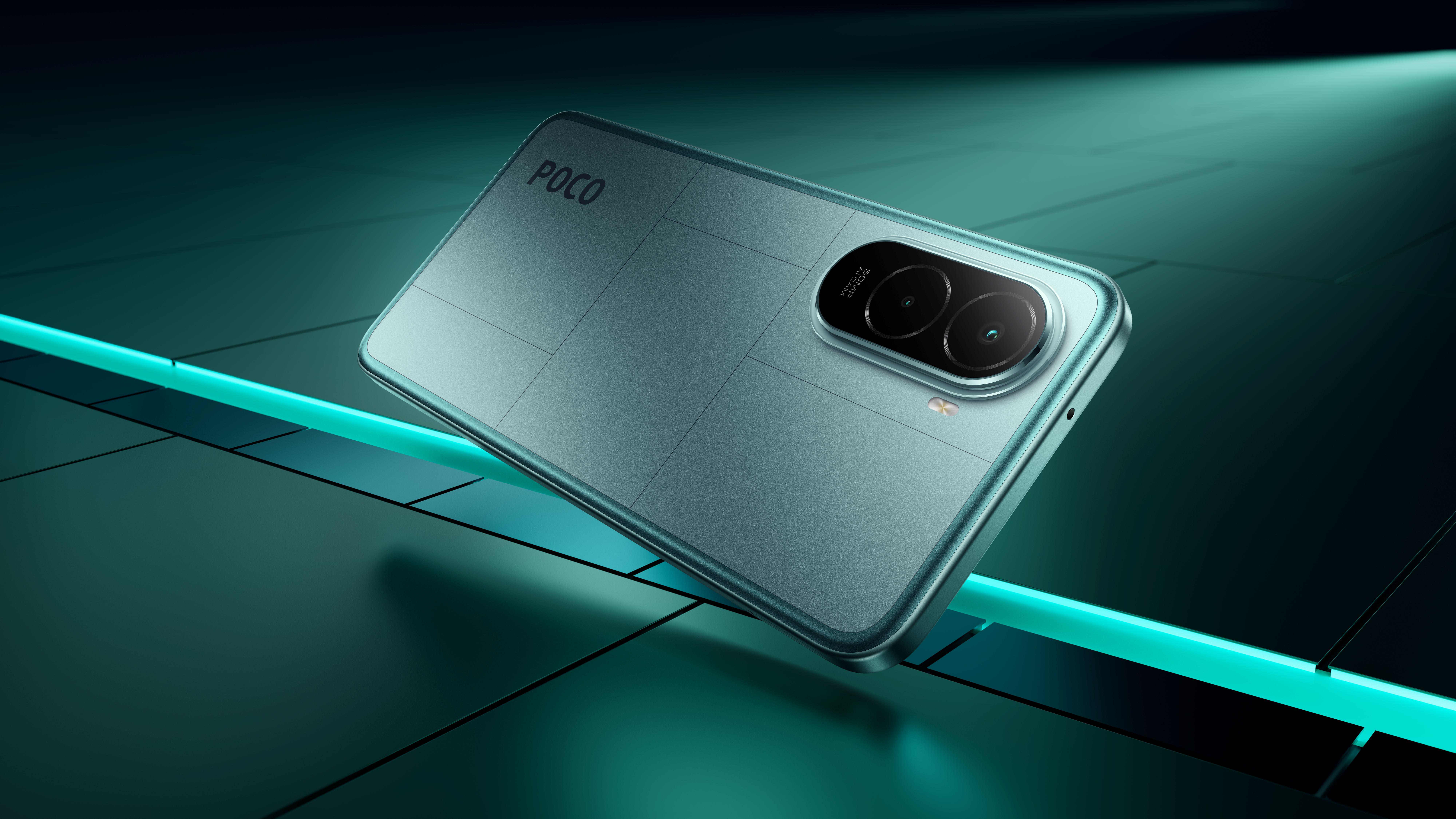 POCO M7藍綠色帶機甲未來感造型。