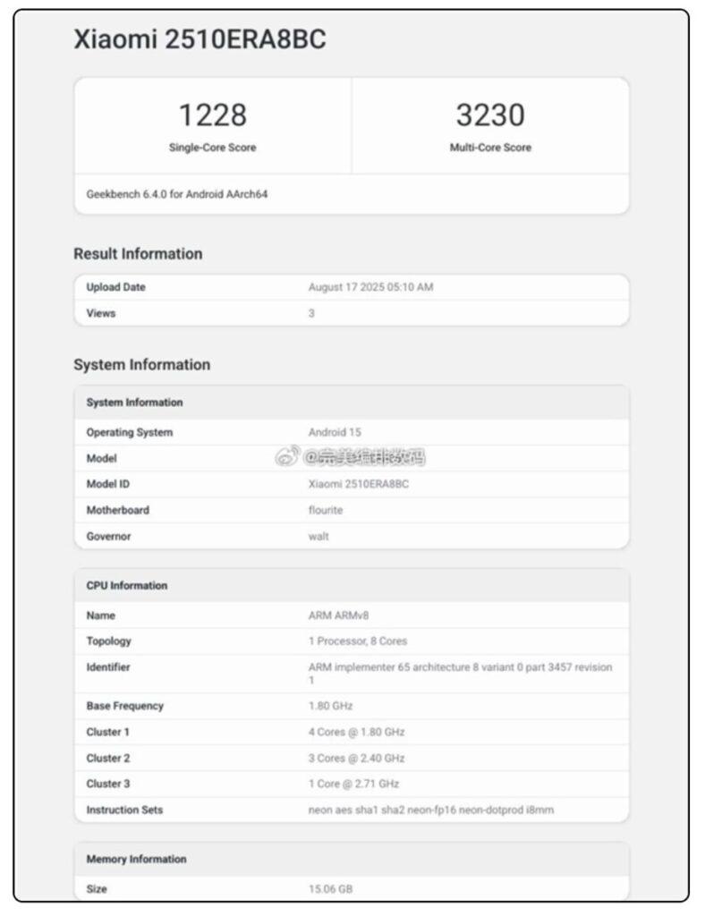 據知名數碼博主「完美編排數碼」最新爆料,Redmi 即將推出的 Note 15 Pro+ 將搭載 Snapdragon 7s Gen4 處理器,其跑分數據已提前流出。