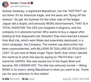 Sydney Sweeney牛仔褲獲特朗普力撐。(特朗普社交平台截圖)