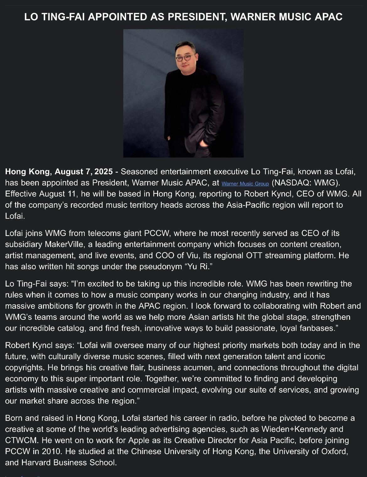 華納音樂集團宣布魯庭暉將出任亞太地區總裁,8月11日起生效。