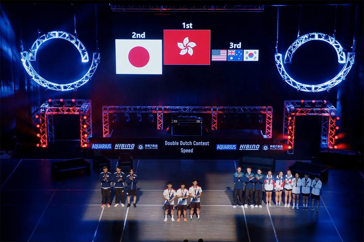 港隊出戰世界跳繩錦標賽決賽時,屏幕顯示的區旗被指與官方設計有數處出入。(世界跳繩錦標賽直播截圖)