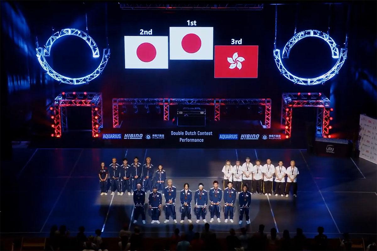 港隊出戰世界跳繩錦標賽決賽時,屏幕顯示的區旗被指與官方設計有數處出入。(世界跳繩錦標賽直播截圖)